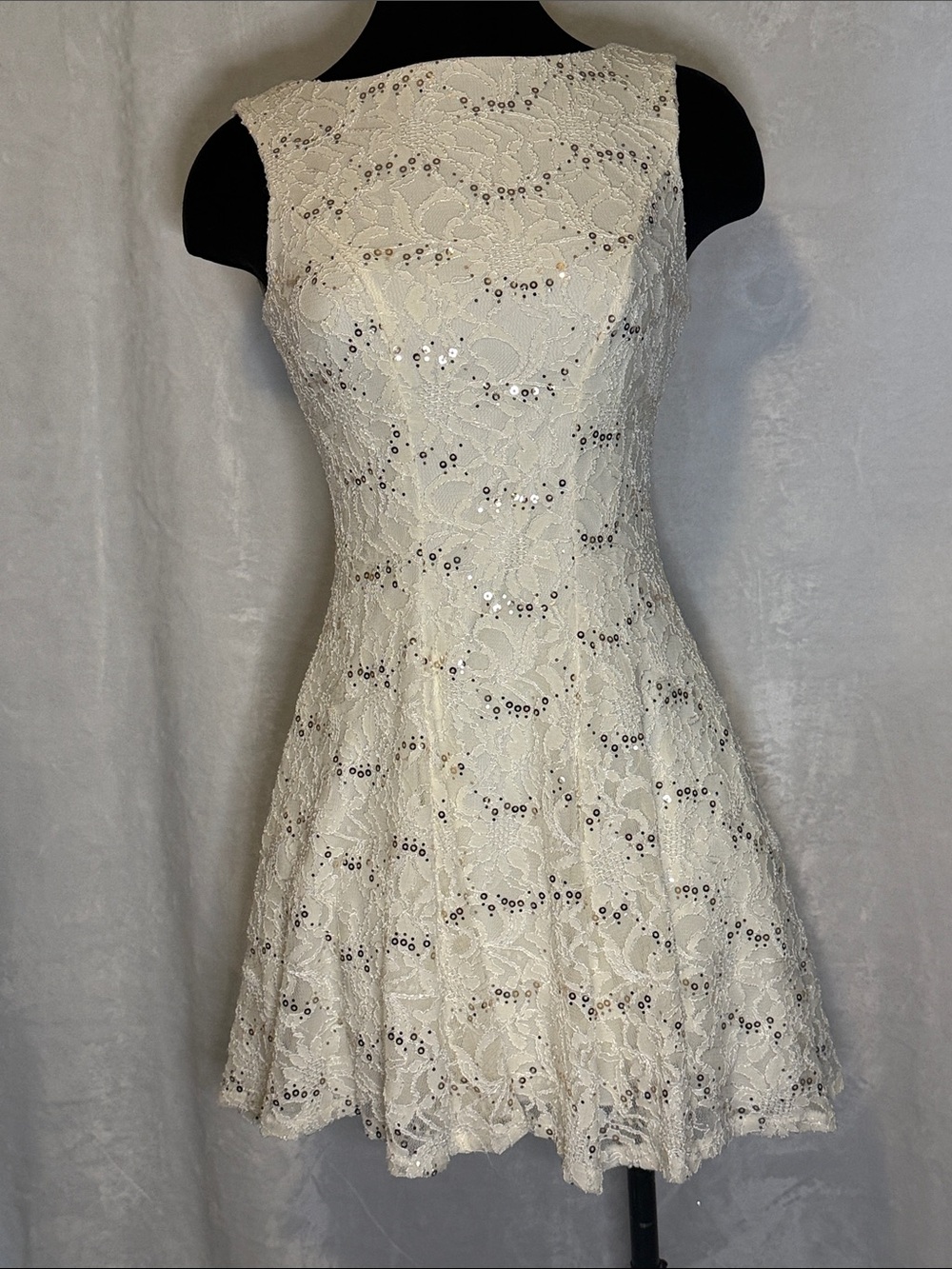 B Darlin Ivory Lace Sequin A-Line Mini Dress